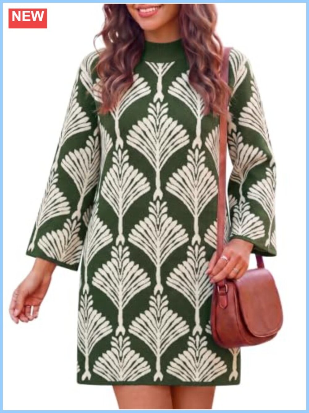 Wenrine Women's Mock Neck Bell Sleeve Floral Knit Mini Sweater Dress
